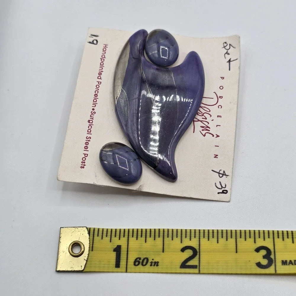 Porcelain Designs Handpainted Brooch‎ & Earrings Set Purple Surgical Steel New